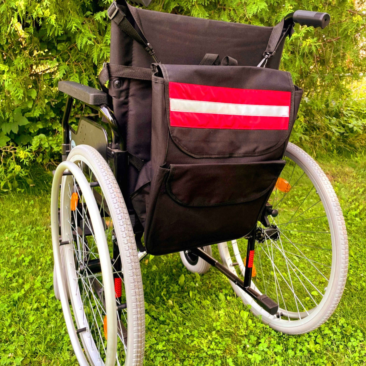 Krepšys neįgaliojo vežimėliui su šviesą atspindinčiomis juostomis